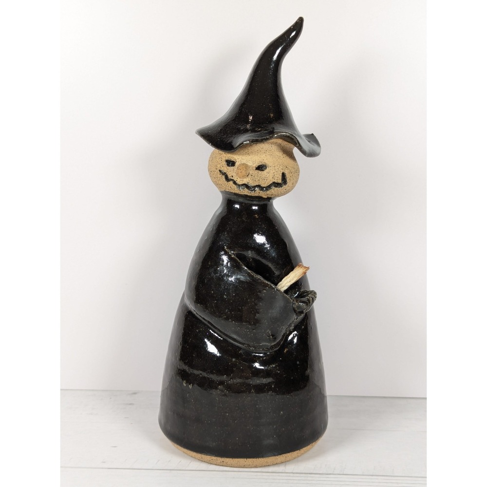 Witch Wizard Figure Oil Lamp Studio Pottery Black Creepy Folk Art 8" Fantasy